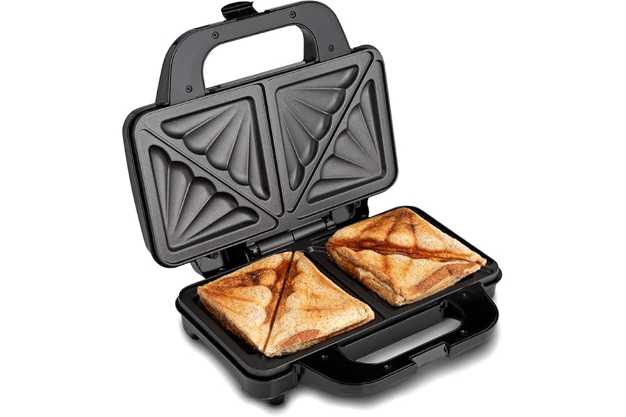 Global Gourmet Sandwich Toaster/Toastie Maker – Deep Fill 4 Slice Electric Grill Press, Non Stick Hot Plates, 900W Snack Machine for Toasted Sandwiches, Panini & Cheese, Black/Silver