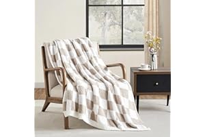 CREVENT Ultra miękki i pluszowy dwustronny koc z mikrofibry na kanapę, sofę i łóżko (127 cm x 152 cm, beżowy szachownica)