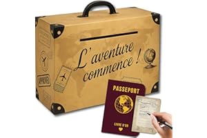 EQUIK PRODUCTS Urne Voyage Valise avec Livre d’Or Passeport | Boîte à Enveloppes et Tirelire Cagnotte Originale pour Mariage, Anniversaire, Départ ou Vacances | Décoration Thème Voyage 30x20x10 cm (URNE VOYAGE)