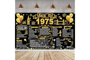 LECONCES 50th Birthday Decorations Black Gold, Back in 1975 Poster UK Happy 50th Birthday Decorations, Large Back in 1975 Backdrop Banner, 50 Years Anniversary Home Decor for Women Men