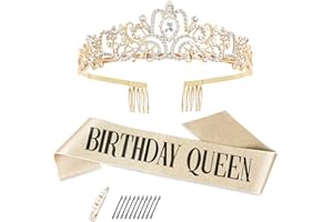 Makone Crown Crystal Tiara Birthday Crown Sash Birthday Crown Birthday Tiara Crown Mujeres Niñas Birthday Tiara para decoraciones