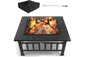 VOUNOT Palenisko z ochroną przed iskrami i rusztem do grillowania, palenisko, do ogrodu, na taras, z wodoszczelnym pokrowcem ochronnym, 81 x 81 x 45 cm