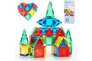 MAUIKAY Mini Magnetic Tiles for Travel - 34PCs Portable STEM Toy with Tin Box, Educational Building Blocks for 3 4 5 6 7 Year Old Boys Girls, Ideal Plane, Car Restaurant Activity Travel Toy