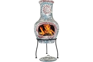 La Hacienda 67034 Swirl Clay Chimenea - Patio Heater - Handmade - Traditional - Log Burner - Sea Blue & Red with Protective Rain Lid and Solid Metal Stand,Medium