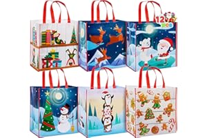 JOYIN 12 PC 13,75 "x 14" grandi borse di Natale sacche di drogheria riutilizzabili per le forniture per feste in classe, borse per lo shopping natalizio (Colori natalizi a tarda notte)