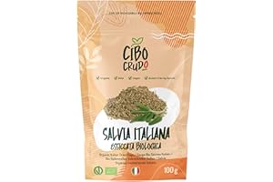 CIBO CRUDO CRUDO BIOLOGICO VEGAN Salvia Secca e Biologica Essiccata al Sole - 100g. Aroma Caldo e Con Note di Camphor e Menta. Da Usare Come Condimento o In Tisane/Infusi. Aiuta la Digestione e Per il Gonfiore.