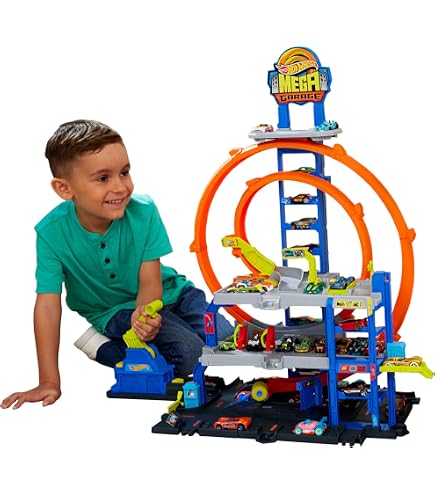 Hot Wheels - Garage City Downtown Avec Voiture Incluse - 4 étages, Rampe Transparente, Ascenseur - Dès 4 Ans