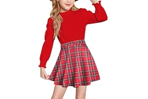 Arshiner Set di Abbigliamento per Ragazze Maglietta Maniche Lunghe Gonna a Quadri Casual Alla Moda per Bambini Set di Abbigliamento Autunno Inverno con Tasche 6-14 Anni