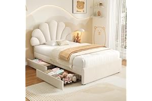 JOVIFY 3ft Single Upholstered Platform Bed Frame with Adjustable Petal Headboard & 2 Storage Drawers/Velvet Fabric/Sturdy Wooden Slat Support/No Box Spring Needed, Youth Bed for Adults Kids Teenagers, Beige