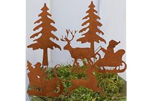 OUMAIFENG 4 Stück Weihnachtsdeko Outdoor Weihnachten Rost Deko Gartendeko Weihnachten Gartenstecker, Adventskranz Deko Draußen Weihnachtsmann Fährt Rentier Weihnachtsdeko, Metall Roststecker Bauernhof Frühling