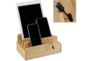 Relaxdays Ladestation Bambus, für mehrere Geräte, Tablet & Smartphone, Kabelbox Organizer, HxBxT: 10 x 22,5 x 15, natur