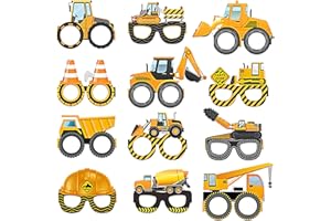 Qpout 24pcs Construction Party Decorations,Excavator Dump Truck Paper Eyeglasses Frame,Tractor Transportation Photo Booth Props Glasses for Boys Construction Birthday Party Favors Supplies