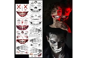 Yezirzax 13 Blätt Halloween Tattoos, Horror Clown Erwachsene Gesichtstattoo, Skelett Zombie Halloween Fasching Wasserdicht Make up Accessoires für Karnevalsschminke Halloween Masquerade