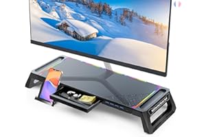 MOOJAY Support de Moniteur d'ordinateur de Bureau avec 4 Hub USB 3.0 et Lumière RVB, Rehausseur d'écran Pliable avec Tiroir de Rangement, Support de Téléphone et Porte-Plume pour PC/Laptop/iMac-Noir