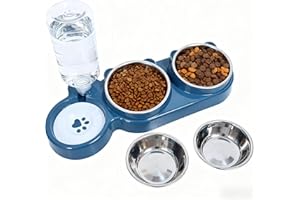 Itingy 5-in-1 Cat Food and Water Bowl Set, Four Cat Bowls with Water Dispenser, Stainless Steel Pet Bowls with Stand Tilted 15°, Non-Slip Kitten Food Bowls For Cats & Dogs to Eat Simultaneously, Blue