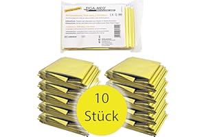 ‎TIGA-MED Tiga-Med 10x Rettungsdecke | 10 Stück | für Erste Hilfe, Auto, Notfall, Camping, Survial, Deko | Gold/Silber | 210x160cm | Rettungsfolie CE
