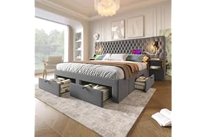 Huayz Set completo per camera da letto, letto matrimoniale, 160 x 200 cm, con 2 comodini e 4 cassetti, testiera con funzione di ricarica USB, velluto, senza materasso (grigio, 160 x 200 cm)