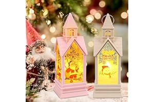 CAUTIOUS 2 Pezzi Lanterna di Natalizia, 17,5 cm Lanterne Natalizie Appese con Luce LED Giallo Caldo, Lanterne Decorative Natalizie Babbo Natale e Pupazzo Di Neve per Patio, Feste (Rosa+Beige)