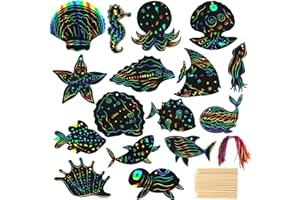 Kotkiddy® 16 arkuszy zwierząt morskich do zdrapywania dla dzieci, papier do zdrapywania, tęcza, sztuka zdrapywania, drewniane markery, liny, DIY, zwierzęta morskie, rysowanie, majsterkowanie