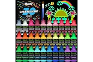 Roizefar Glow in the Dark Paint, 30 Colours x 20 ml Paints, Long-Lasting Sparkling Luminous Glow Fabric Paint for T-Shirt, Canvas, Ideal for Art Supplies and DIY Decoration