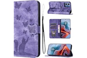 LSPCASA Phone Case For Motorola Moto G34 6.5 inch Premium PU Leather Material Motorola G34 Case With Card Slots Cat Butterfly Pattern Cover For Motorola G34 5G Purple