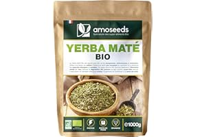 AMOSEEDS Yerba Maté BIO 1KG | Maté Vert non fumé | 100% feuilles, sans tiges | Boost Énergie, Alternative au Café | Qualité Supérieure