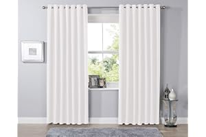 DE LAVISH Blackout Eyelet Curtain Pair Thermal Insulated Ring Top Bed Living Room Window 90" (Width) x 90" (Drop), White