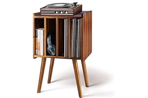 2BHOME Wooden LP Record Player Stand with 4 Cabinets, Holds up to 100 Vinyls, Metal Record Storage Holder and Organizer Table, Classical Design for Files/Book (Mid-Century Modern)