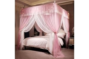 HUOQOU Prinzessin Baldachin mit Rüschen 4-Eckiger Betthimmel mit 4 Öffnungen, Doppelstöckiges Moskitonetz für Mädchen Schlafzimmer, Romantische Deko,Gemütlich&Atmungsaktiv (Rosa/Weiß, 1.5W*2L*2.1H(m))