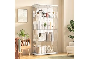 DADEA Vetrina in vetro a specchio, vetrina a 4 ripiani, 2 ante, con luce e serratura, armadietto portaoggetti da pavimento in vetro, per casa e ufficio (bianco, specchio 2D + luce 4 L)