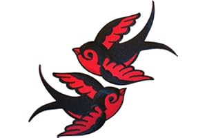 ELLU Pair Red Black Iron On Swallow Bird Patches Sew On Embroidered Biker Patch Badge