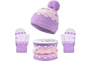 OUTFIT SPRING Bonnet Écharpe Gants Ensemble, Filles Garcons Hiver Chaud Tricoté Chapeau avec Pompon Doux Polaire Doublure Tour de Cou Gants 3 en 1, Enfant 2-8 Ans Épaissir Accessoires Hiver Set