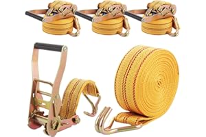 FWEEK 4 Sets Ratchet Tie Down Straps 5cm x 6m, 11000lb Break Strength, Heavy Duty Lashing Strap, Securing Straps with Handle and Metal J Hook for Trucks, Cars, Motorcycles – Yellow