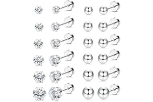 JeryWe 12 Paare Damen 20G Klein Knorpel Ohrringe Ohrstecker Set Herren Mädchen Edelstahl Knorpel Ohrstecker Ohrpiercing CZ Runde Kugel Flache Rückseite Ohrringe Set 2mm Hypoallergenic