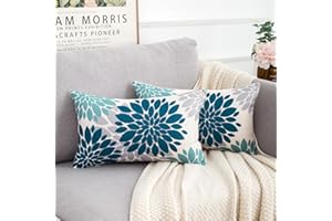 HomeStilez Copricuscini 30x50 Decorativi Federa per Cuscino in Lino a Fiori Set di 2 Verde Acqua e Grigio Federe Cuscini Divano Moderna Quadrata per Soggiorno Divano Caffè Giardino All'aperto