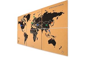 Zinello Design Världskarta kork vägg XXL, 120 x 60 cm, 6 självhäftande paneler, kartläggning för resor med häftstift, 60 stift ingår, heminredning
