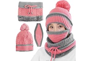VDSOW Beanie Hat and Scarf Set for Women, Pink Knitted Winter Bobble Hats Scarfs with Windproof Mask, Thick Thermal Girls Womens Cap Neck Warmer Set for Christmas Birthday Gifts