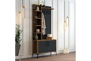 Dmora - Mobile da ingresso Calista, Entratina appendiabiti, Composizione per atrio, Consolle portaoggetti multifunzione, 90x35h200 cm, Noce e Antracite