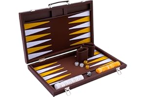 Engelhart - 250525 - Grand Jeu Backgammon 18 Pouces de Luxe (45,5 cm) - Marron - Feutre Haute Qualité - Dés et Pions Nacrés - Valise Recouverte de Mousse et Simili Cuir - Jeux de Backgammon