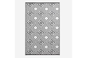 HOMESCAPES Luxury Outdoor Rug, Large Mats for Garden Patios Waterproof, Geometric Carpet Mat, 100% Recycled Plastic, Black and White Rug, Reversible & Eco-Friendly, Seam-free
