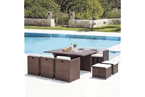 CONCEPT USINE - Salon De Jardin Sunset 10 Personnes en Résine Tressée Et Aluminium Marron - 1 Table en Aluminium - 6 Fauteuils - 4 Poufs - Coussins Blanc - Encastrable, Résistant, Imperméable