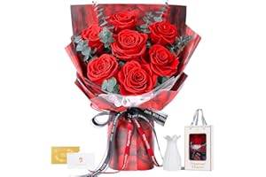 7 Rosenstrauß mit Vase, Ewiger Blumenstrauß, Echte konservierte Rosen, Geschenke für Frau, Ehefrau, Freundin, Geschenke für sie zum Geburtstag, Jubiläum, Valentinstag, Muttertag, Weihnachten (Rot)