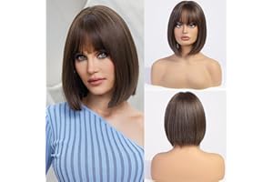 ‎EMMOR EMMOR Kurze Bob Perücke mit Pony, für Frauen, natürliche synthetische Faser Bob Perücke, natürlich aussehend, geeignet für Alltag/Party/Cosplay (Braun)