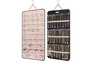 bagsmart Dual-sided Jewellry Organizer Hanging with Metal Hooks,40 Pockets and 3 Wave-Shaped Hooks,Jewelry Roll for Earrings,Necklaces,Rings on Closet,Wall,Door,1 Piece,Extra-Large,Black