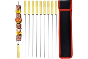 AWCIGG® 12 Pièces Brochettes de Barbecue en Acier Inoxydable avec Poignée en Bois, 39 CM Brochettes à Viande en Métal Plat et Sac de Rangement, Brochette Inox Long et Réutilisable
