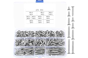 SZSLMY 270 Pcs M5 Wood Screws Assortment Kit, Flat Head Phillips Self Tapping Screws, Assorted Countersunk Screws Drywall Screws for Wood, Furniture, Sheetrock, Repairs, DIY Project - Silver
