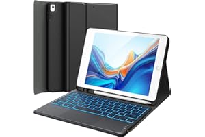 ‎CHESONA CHESONA iPad 9. Generation Hülle mit Tastatur, iPad 10.2 9/8/7. Generation mit Touchpad, 7-Farbige Beleuchtung, 2 BT Kanäles, Wiederaufladbar Abnehmbare QWERTZ Tastatur, Schwarz