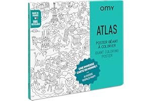 OMY - Poster Géant à Colorier Atlas - 100 cm x 70 cm - Encadrable - Immense Carte du Monde Originale et Amusante - Papier Extra-Blanc Qualité Supérieure 120 g/m² - Conçu et Fabriqué en France