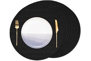 Banchif Round Placemats set of 8 Heat Resistant Vinyl Placemats 15 inch Washable Non-Slip Table Mats Woven Place Mats for Dining Table (Black, Set of 8)
