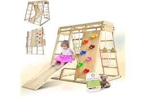‎JUSKYS Juskys Maxi Klettergerüst für Kinder - Indoor Spielplatz mit Rutsche, Kletterwand, Kletternetz & Schaukel - Holz Kletterturm klappbar - Natur